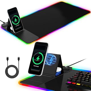 RGB Mouse Pad with Foldable Phone Stand & Wireless Charger, 31.5"x11.8" XL Gaming Mousepad Large Desk Mat, Desk Pad with Dual Charging for Phone & AirPods | 11 Colors & 5 Modes | Waterproof