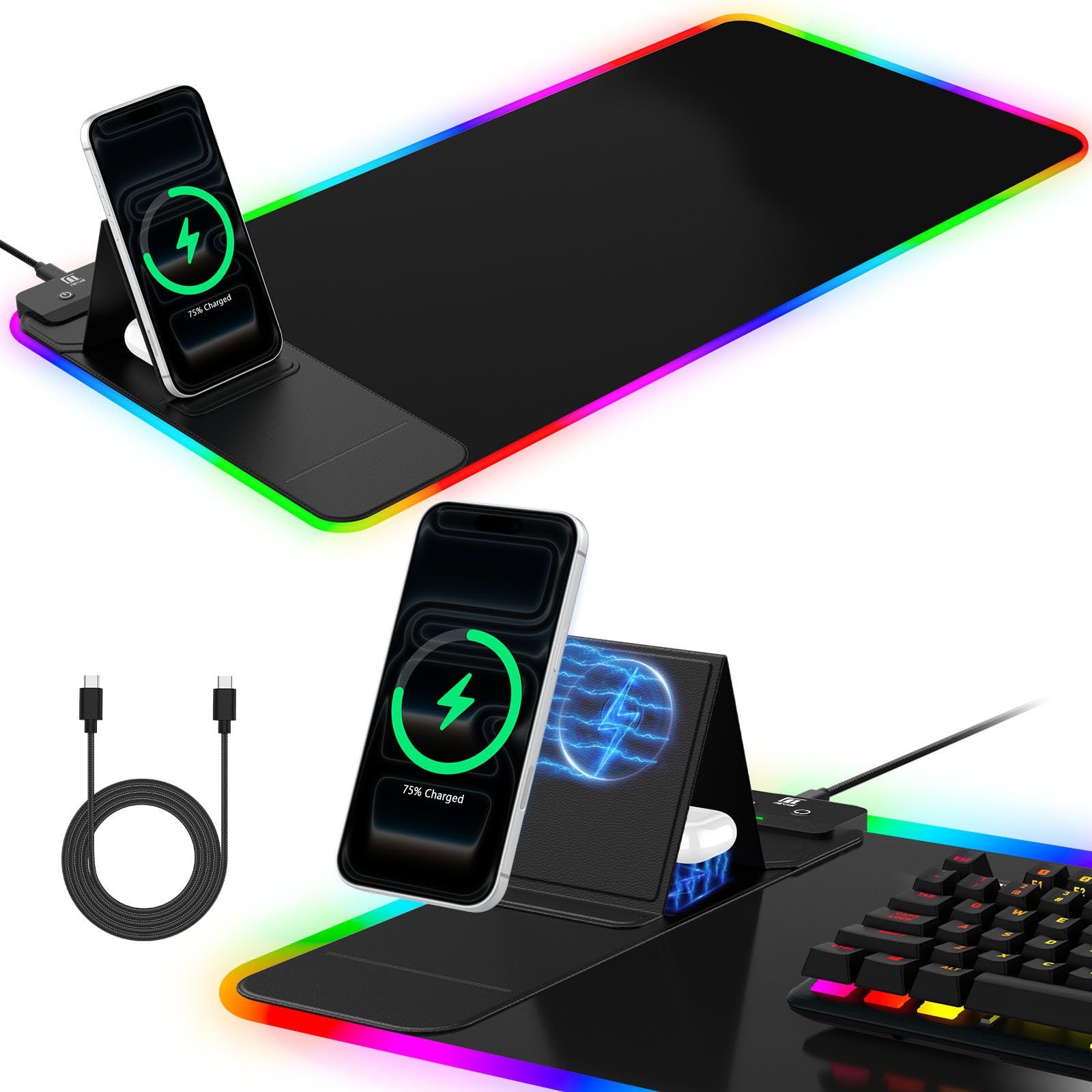 RGB Mouse Pad with Foldable Phone Stand & Wireless Charger, 31.5"x11.8" XL Gamin
