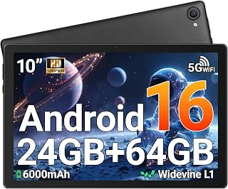 Gleeso Tablet 10 inch Android 16, 24GB+64GB/1TB TF, Face ID丨OTG, IPS丨1280*800丨WiFi 6丨BT5.3丨Tab PC with Dual Camera 5MP+8MP, 6000mAh, Support Widevine L1(Black)