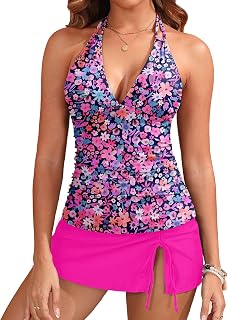 Yonique 2 Piece Swimsuits for Women Tummy Control Tankini Top with Skirt Halter Bottom V Neck Bathing Suits