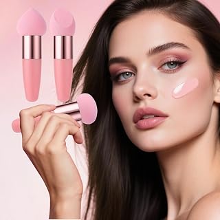 3 Pieces Makeup Sponge, Beauty Foundation Sponge, Cosmetic Powder Sponge and Concealer Applicator with Handle, Makeup Brush for Wet and Dry Blending