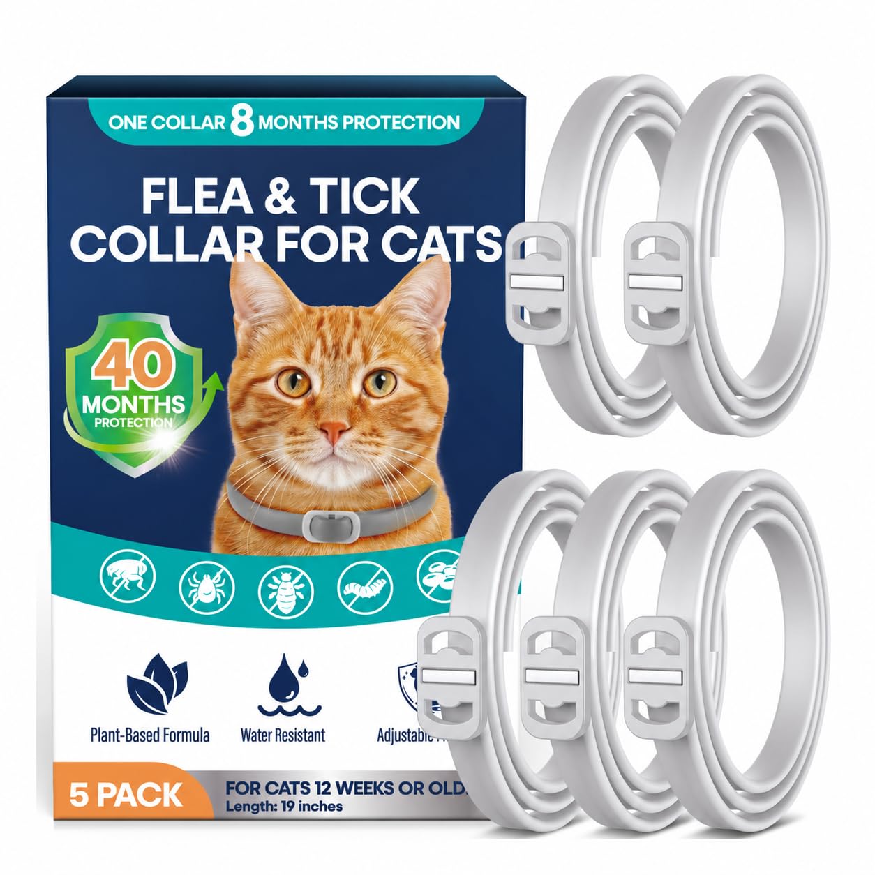 Flea and Tick Collar for Cats 5 Pack, 8 Months Protection, Plant-Based Ingredien
