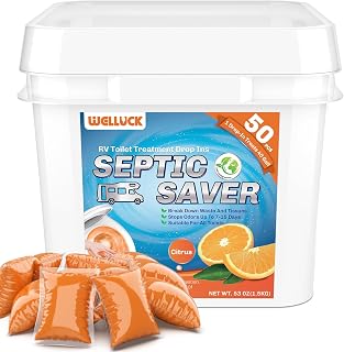 WELLUCK 50 Packs RV Toilet Treatment Drop Ins, Black Tank Deodorizer for Camper, Marine Portable Toilet, Break Down Waste and Tissue, Septic Tank Treatment, Kit for 50 Week（Citrus）