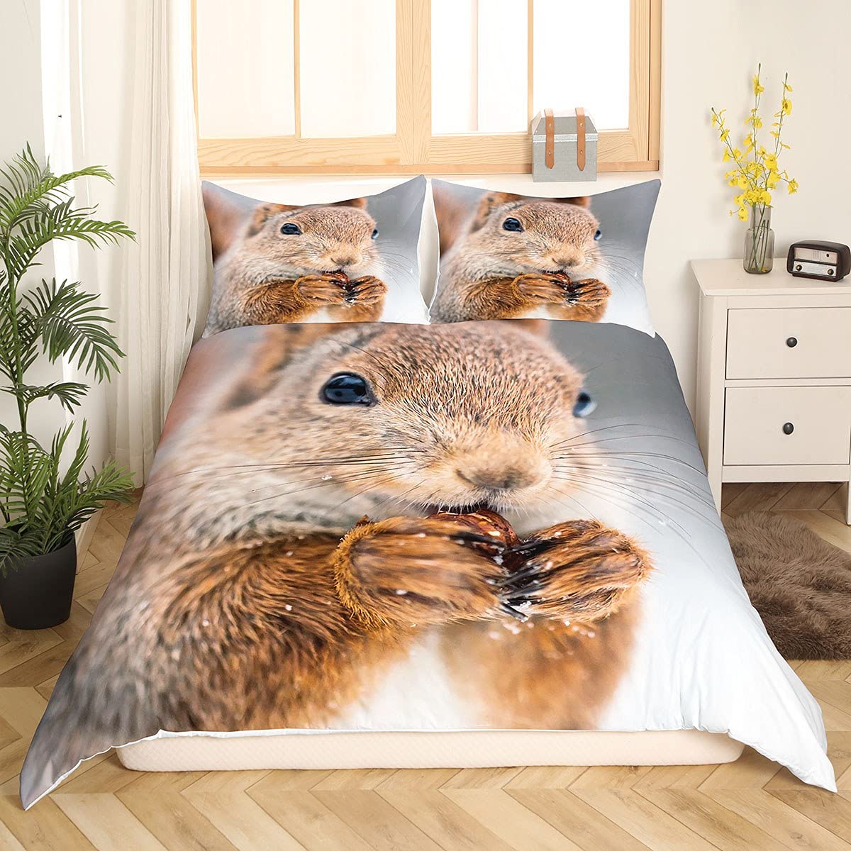 Homewish 3D Print Squirrel Comforter Cover Eating Food Duvet Cover Forest Animal
