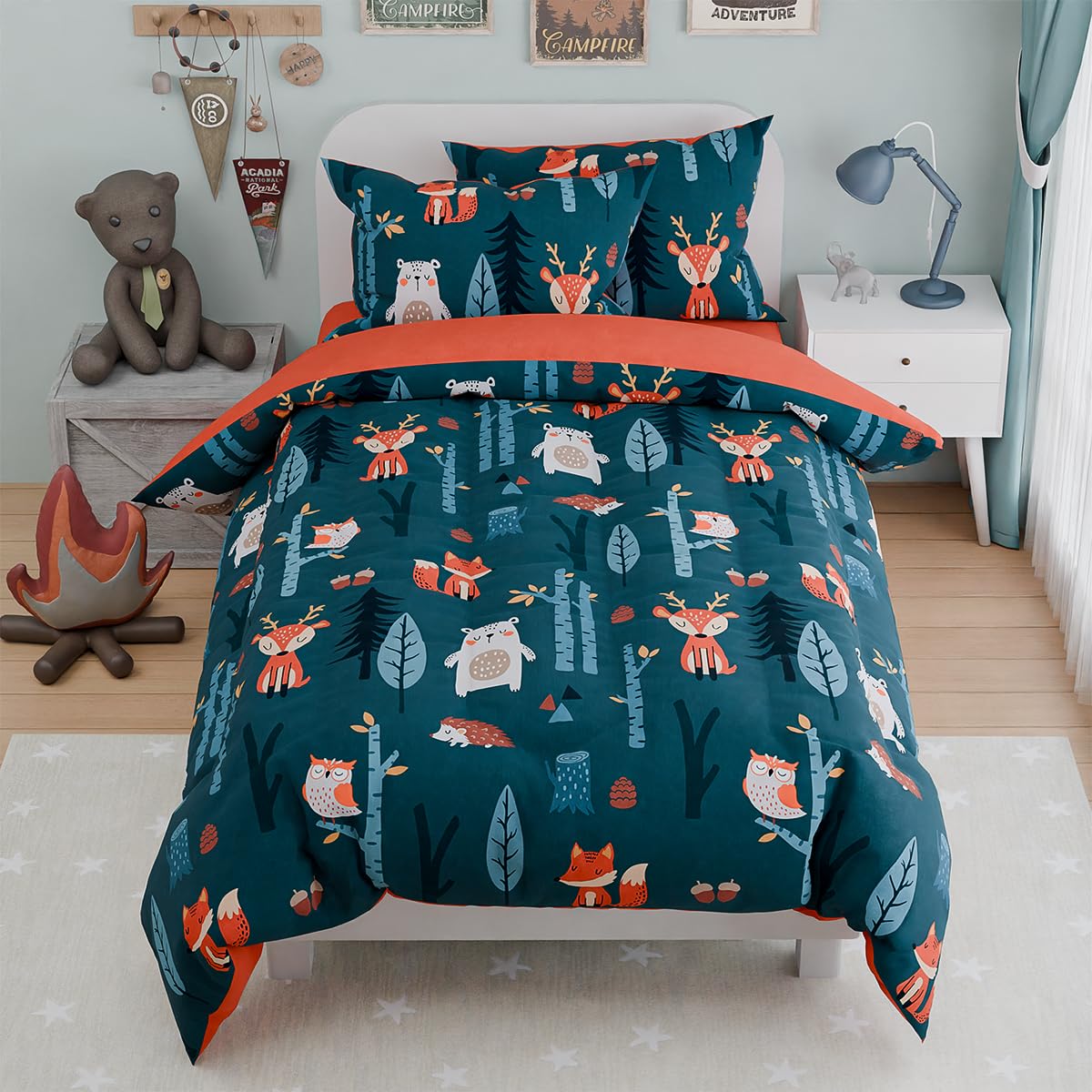 Woodland Animal Kids Bedding Set for Boys, Ultra Soft Microfiber Comforter Set T