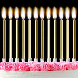 Gold Birthday Candles for Cakes, 12 PCS Metallic Glitter Cake Candles | Tall Birthday Cake Candles with Holder for Birthday Wedding Party Decoration (Gold)
