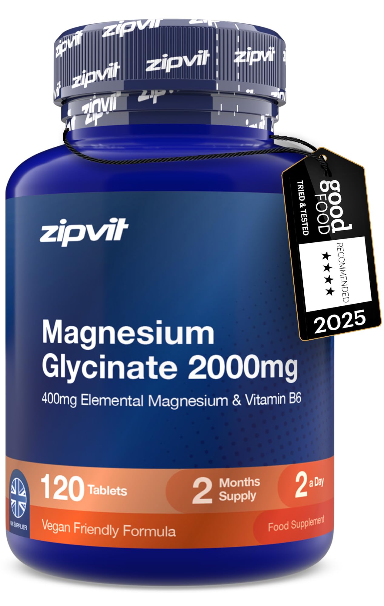 Zipvit Magnesium Glycinate 2000mg with Vitamin B6, 120 Tablets - Vegan | 400mg E