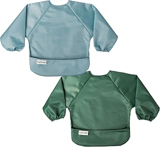 Tiny Twinkle Long Sleeve Bib for Babies &amp; Toddlers | 2-Pack Waterproof Smock Bib for Eating | Machine Washable &amp; Mess-Proof Feeding Essentials | Newborn Shower Gift (Slate Olive,6–24M)