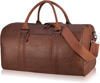 Oversized Travel Bag Waterproof Leather Men's PU Leather Vintage Sport Gym Weekend Duffel Bag, Brown