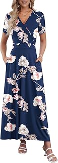 AUSELILY Vestido Largo de Verano para Mujer, Manga Corta, Estampado Floral, Cuello en V Bohemio con Bolsillos, Azul Flor, Large