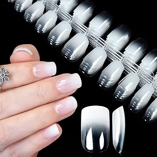 5 Pack Short Square Press-On Nails, Pre-Designed Glossy Fake Nails, Salon Clear White French Nail Art Tips, Daily Nail Gift for Women, Girls, with Adhesive Tabs
