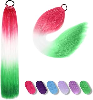 Colorful Ponytail Extension with Hair Tie, 26 inch Ombre Braid Ponytail Blend Hair Tinsel for Holiday Party Rainbow Festival(100g 1 Packs #Red/White/Green)