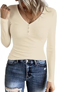 Aottori Women's V-Neck Button Down Ribbed Top Long Sleeve Plain T-Shirt
