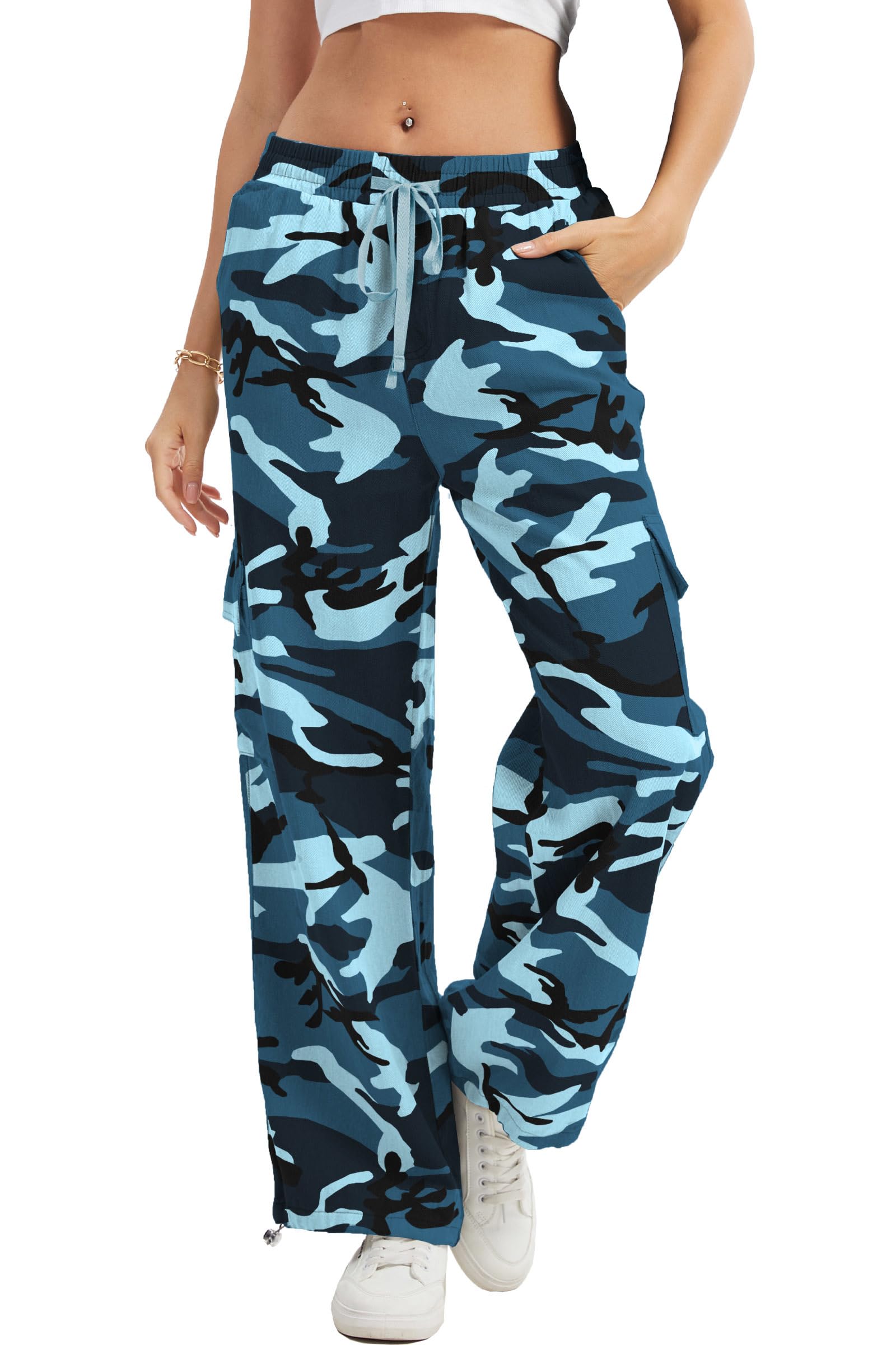 HVEPUO Camo Pants Women's High Waist Wide Leg Casual Camo Cargo Pants