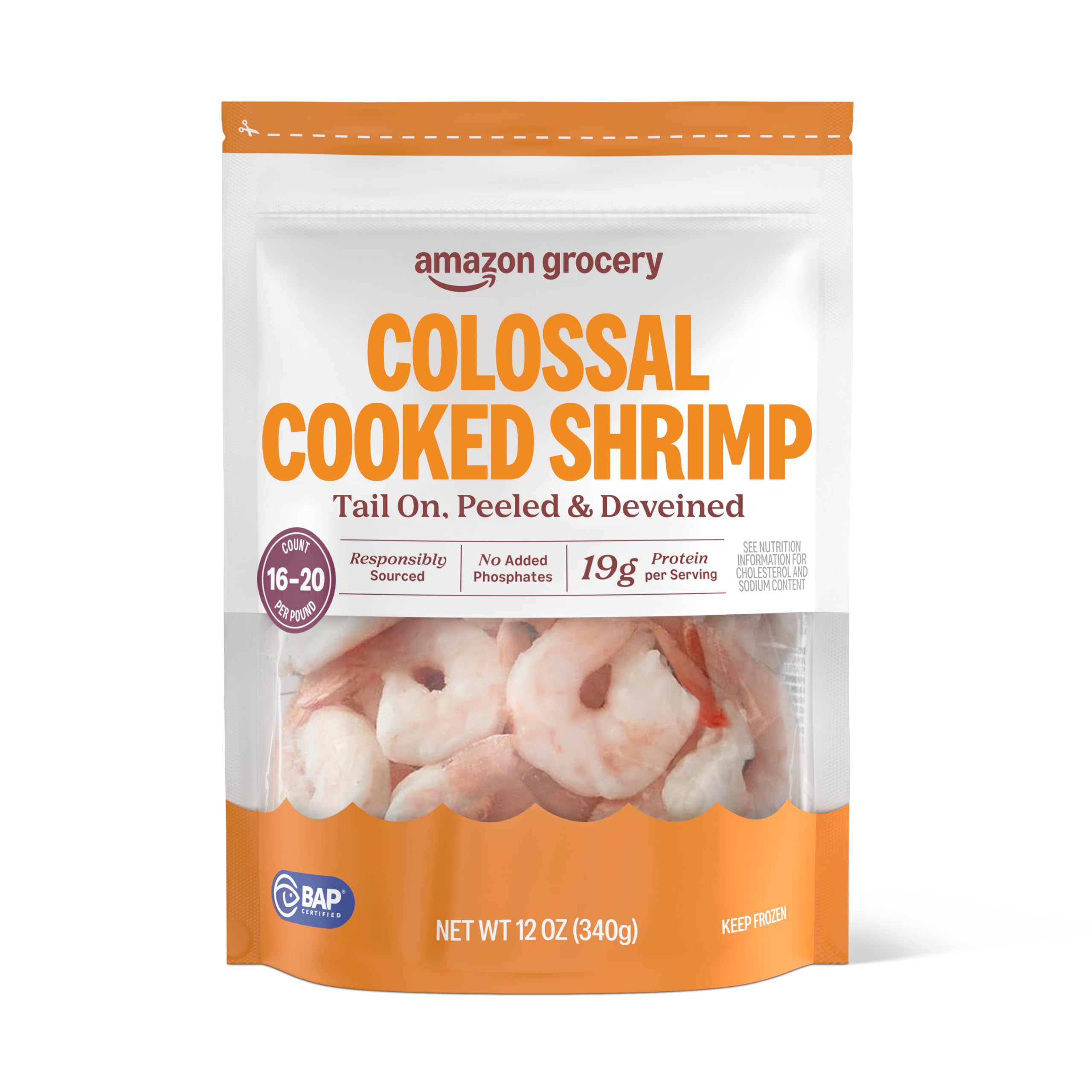 Amazon Grocery, Colossal Cooked Shrimp, Tail On, Peeled & Deveined, 12 oz, Froze