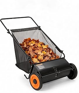 Garvee 26" Push Lawn Sweeper, 7 Cu. Ft. Hopper Capacity Grass Sweeper, Manual Push Yard Sweeper with Height Adjustment & 4 Spinning Brushes, Heavy Duty Lawn Sweeper with Steel Wheels, Black