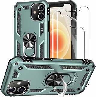 for iPhone 12/iPhone 12 Pro Case with Screen Protector:[Military Grade Drop Tested] Ring Holder Kickstand Shockproof Anti-Slip Protective Phone Case for iPhone 12/12 Pro 6.1- Dark green