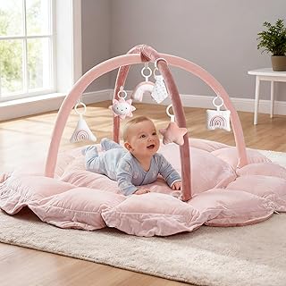 Mallify 5-in-1 Thick Plush Baby Play Gym Mat, Tummy Time Mat with 6 Sensory Toys, Baby Play Mat, Convertible Baby Gym for Stage-Based Development from Babies to Toddlers, Baby Essentials Gift, Pink