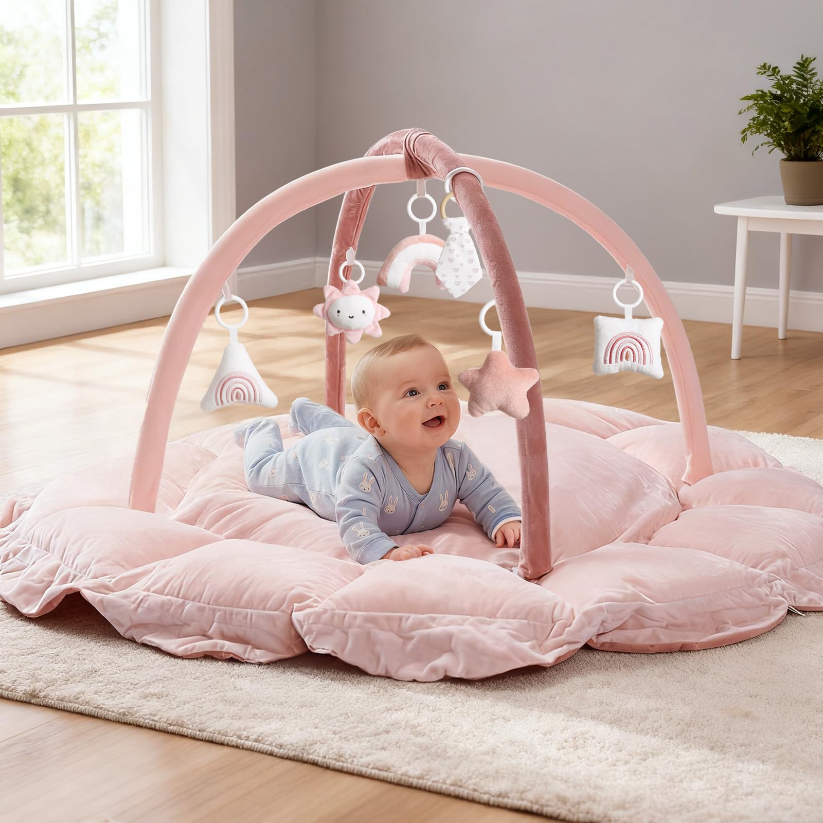 Mallify 5-in-1 Thick Plush Baby Play Gym Mat, Tummy Time Mat with 6 Sensory Toys