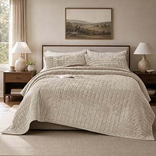 Quilt Set Oversized King Size 120x120 Luxurious Velvet Bedding Sets with 2 Pillow Shams 20x36 3 Pieces Ultra Soft Quilted Bedspread Coverlet Comforter for All Season,Beige