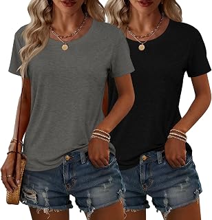 KILISU 2PCS Women Short Sleeve T Shirts Crew Neck Solid Soft Basic Tee Casual Loose Fit Lightweight Summer Tops Clothes 2026