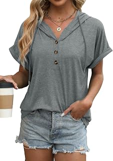 isermeo Womens Oversized Short Rolled Sleeve Summer Hoodie T Shirt 2024 Trendy Henley Button Tshirts S-XXL
