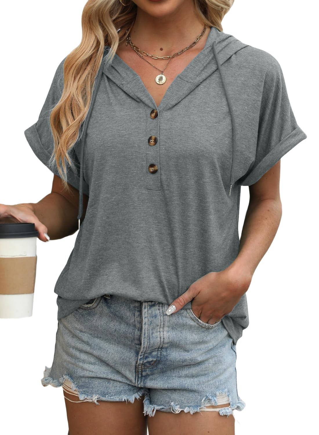 isermeo Womens Oversized Short Rolled Sleeve Summer Hoodie T Shirt 2024 Trendy H