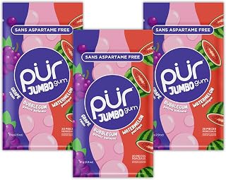 PUR Jumbo Gum, Grape, Bubblegum, Watermelon, Xylitol Gum, 60 Count (3x20)