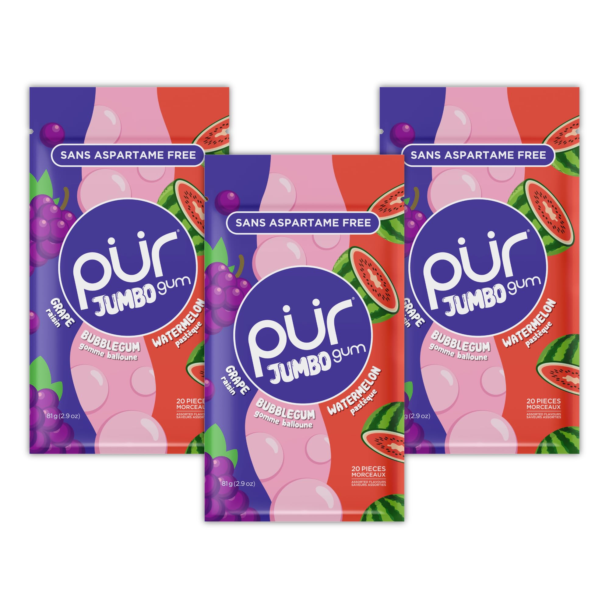 PUR Jumbo Gum, Grape, Bubblegum, Watermelon, Xylitol Gum, 60 Count (3x20)