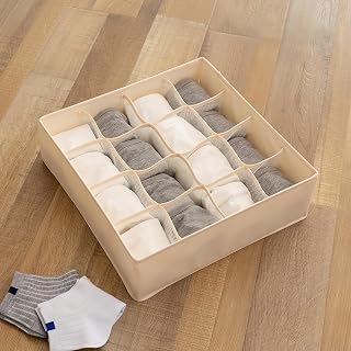 Sock Underwear Drawer Organizer Dividers 16 Cell Fabric Foldable Cabinet Closet Organizer and Storage Box 1 Pack Store socks, panties, ties, underwear, beige