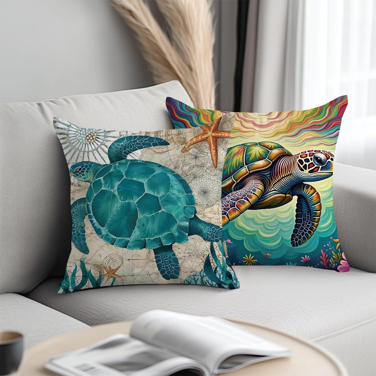 sea turtle pillow covers 18x18 inch set of 2, modern sea turtle decor decorative
