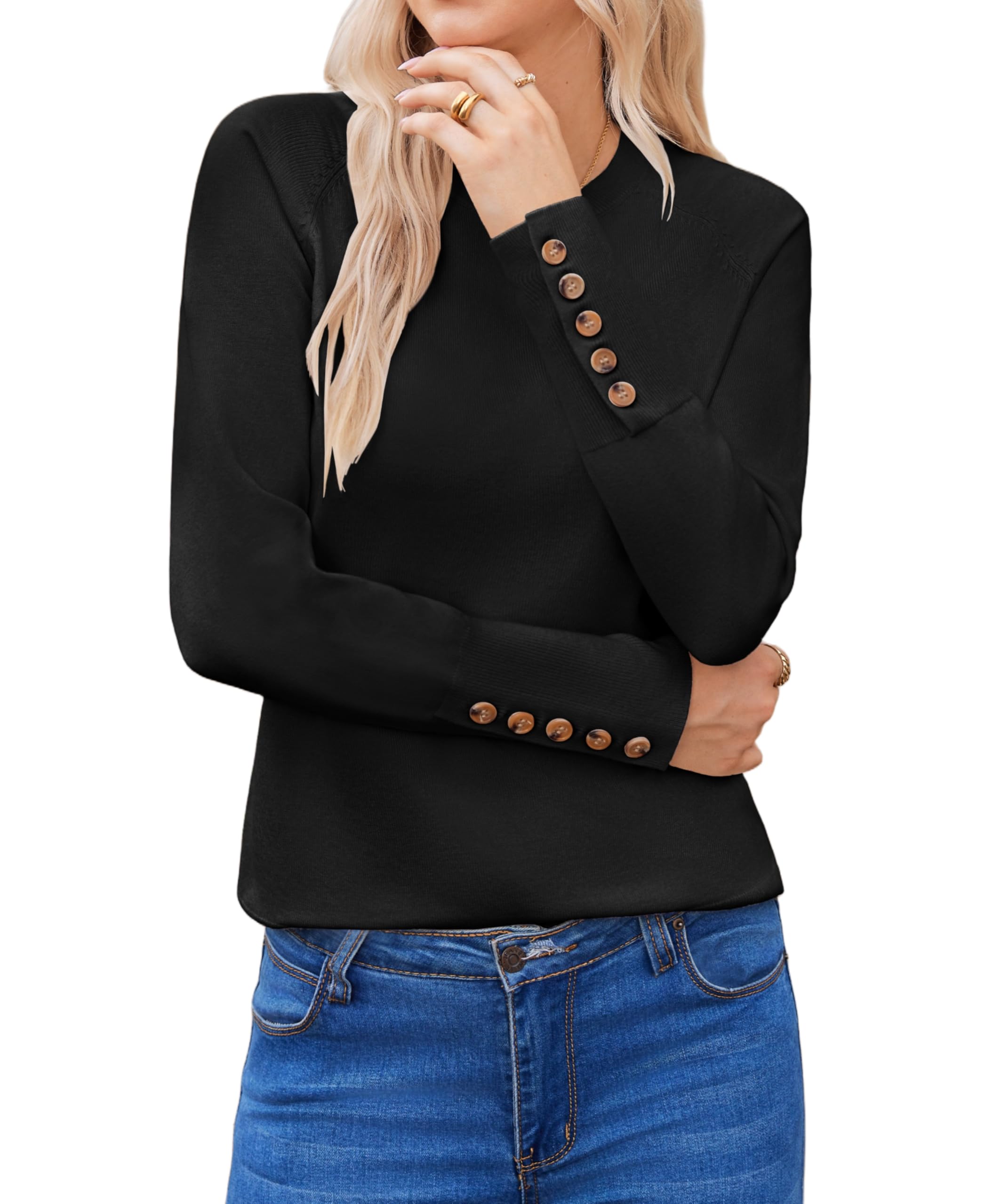Hotouch Women's Elegant Long Sleeve Round Neck Knitted Autumn Winter Solid Color
