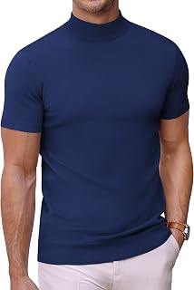 COOFANDY Men's Short-Sleeved Mock Neck T-Shirt - Elastic Knitted Summer Slim Fit Top