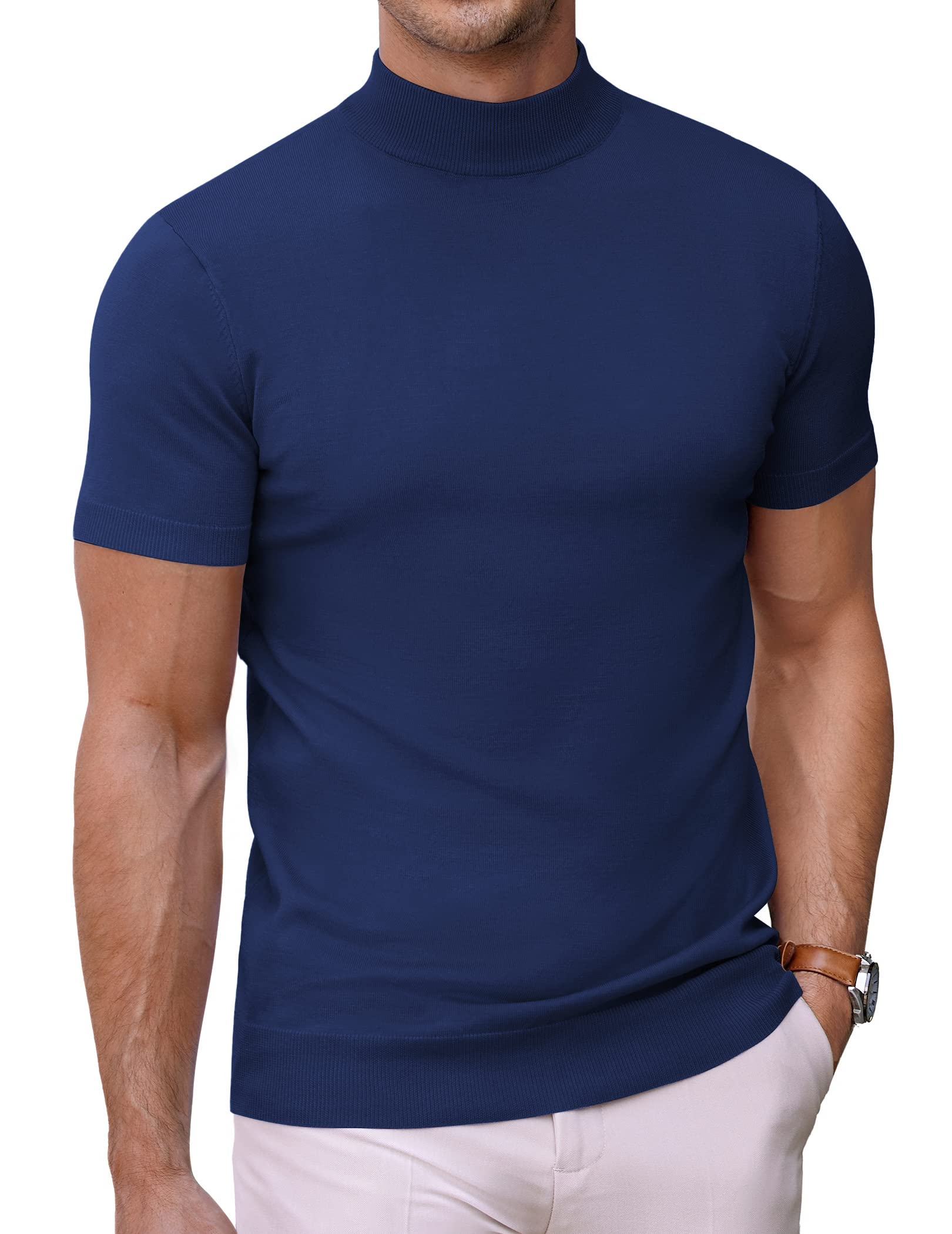 COOFANDY Men's Short-Sleeved Mock Neck T-Shirt - Elastic Knitted Summer Slim Fit