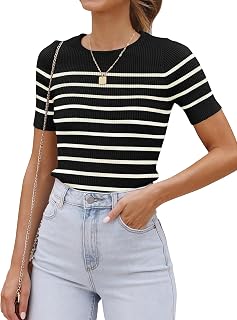 ZESICA Women's Crew Neck Short Sleeve Striped Summer Ribbed Top Slim Fit Casual Basic Tops