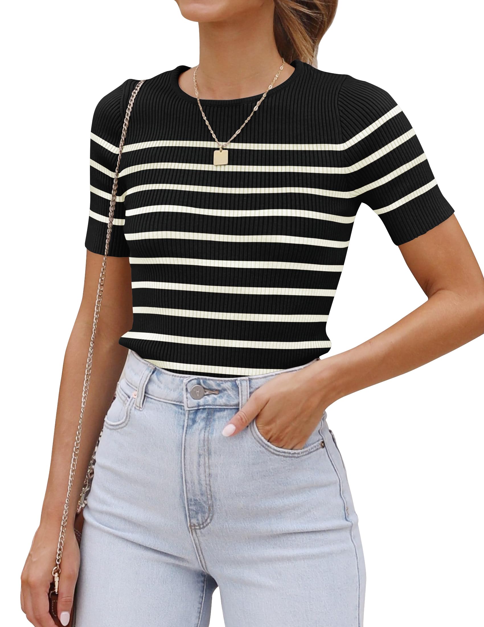 ZESICA Women's Crew Neck Short Sleeve Striped Summer Ribbed Top Slim Fit Casual 