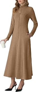 GRECERELLE Women's Spring Fall Casual Mock Neck Long Sleeve Flared Maxi Sweater Dress with Pockets (XS - 3XL)