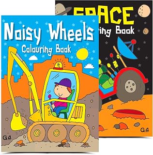 G4GADGET Colouring Books Pack of 2 – Noisy Wheels & Space Colouring Book | Vehicles, Cars, Trucks, Rockets & Planets | Fun Creative Colouring Book Set