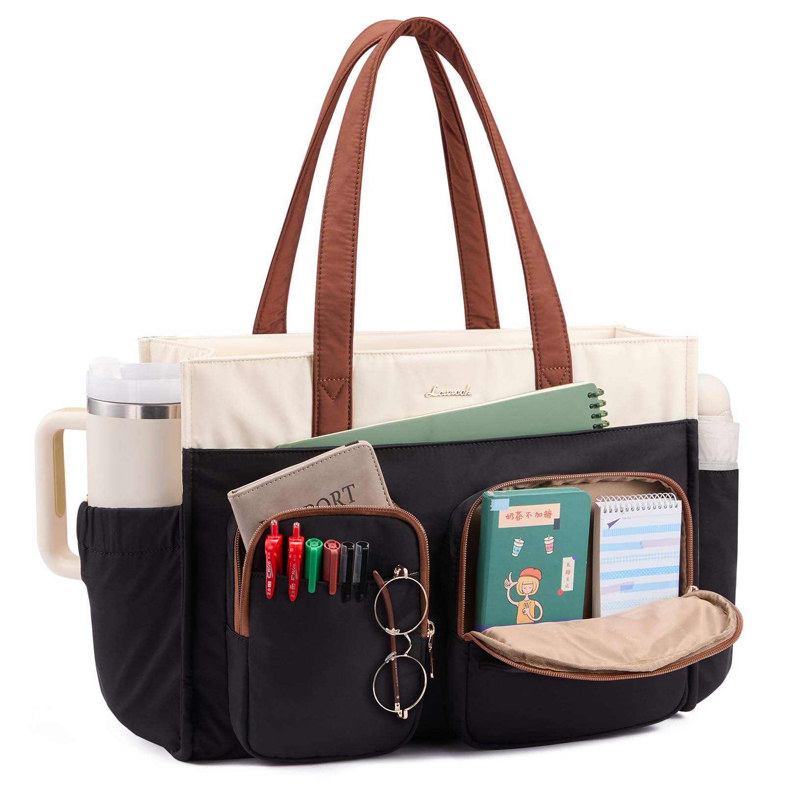 LOVEVOOK Teacher Tote Bag for Women,Multi-pocket Laptop Bag with Large Cup Holde