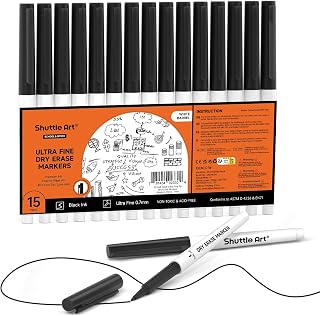 Shuttle Art Ultra Fine Dry Erase Markers, 15 Pack Black Whiteboard Markers with Erase, Dry Erase Markers Perfect For Writing on Whiteboards, Dry-Erase Boards,Mirrors for School Office Home