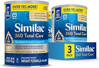 Similac 360 Total Care Baby Formula Powder, Exclusive 5 Prebiotic Blend | Infant Formula Designed to Support Baby’s Immune System, Brain Development & Digestive Health, in 36 oz Value-Size Can, 3 pk