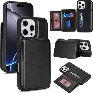 Cavor Custodia a portafoglio compatibile con iPhone 16 Pro Max con porta carte, slot per credito, cavalletto e supporto, custodia protettiva per donne e uomini, in pelle PU, colore nero