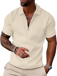 UOUA Men's Short Sleeve Quarter Zip Shirt Geometric Texture Polo Summer Golf Casual Wear Vintage Style Top