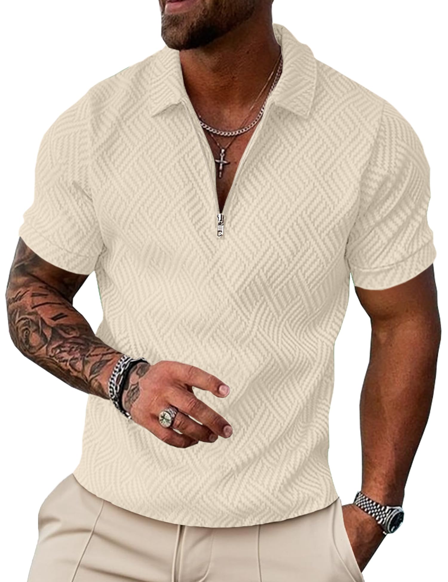 UOUA Men's Short Sleeve Quarter Zip Shirt Geometric Texture Polo Summer Golf Cas