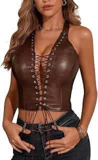 Women's PU Leather Halter Top Lace Up Front Crop Tank Tops Sleeveless Backless Sexy Corset Camisole Party Clubwear