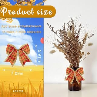 10Pcs Autumn Garland Bows, Orange Buffalo Plaid Bows, Autumn Ornaments, Small Jute Decorative Bows for Thanksgiving Dinner Party Supplies