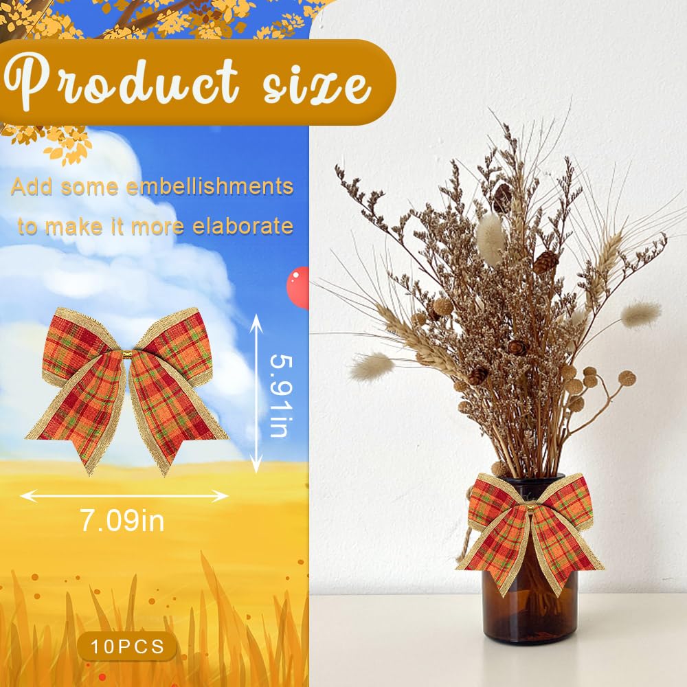 10Pcs Autumn Garland Bows, Orange Buffalo Plaid Bows, Autumn Ornaments, Small Ju