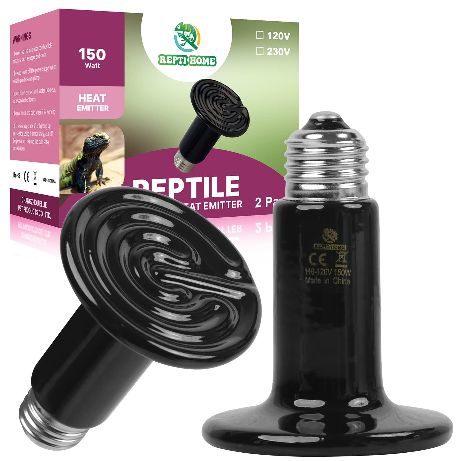 REPTI HOME Reptile Ceramic Heat Emitter, 150W Ceramic Heat Lamp Bulbs 2 Pack, Te