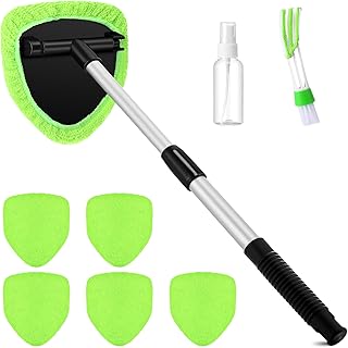 Potchen 8pcs Car Windshield Cleaner Tool with Extendable Handle, Green | with Microfiber Towel Pads, Brush, Empty Spray Bottle, Car Window Cleaner for Auto Glass Wiper Suvs Rvs &amp; Home Windows