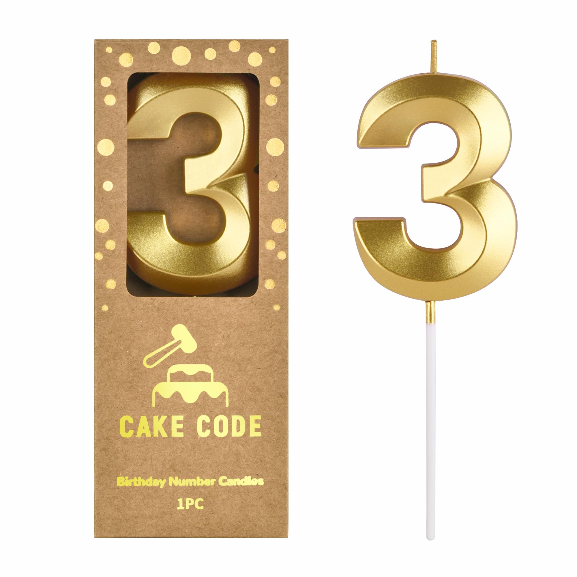 2.76 Inch Diamond Gold 3 Number Birthday Candles, Gold Number Candles, Cake Numb